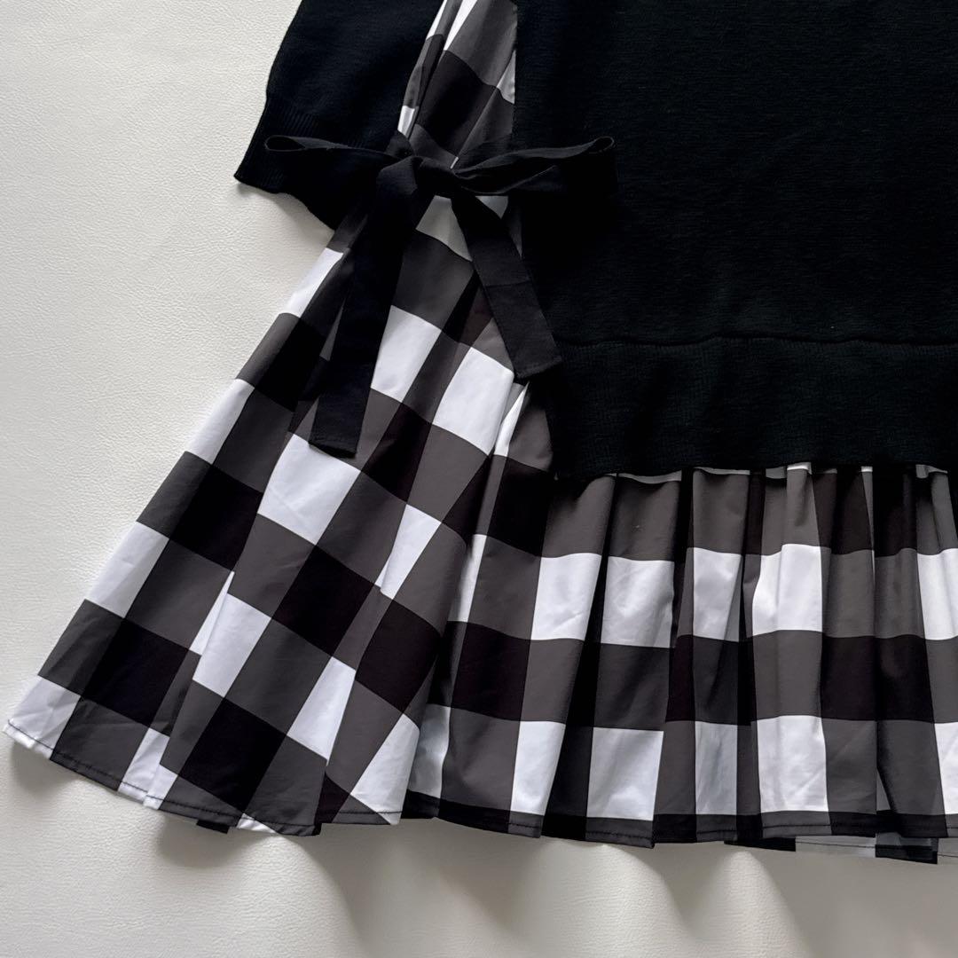 りさ様！！！！！ オブリ　ニットドッキングワンピース　　チェック柄　黒　リボン