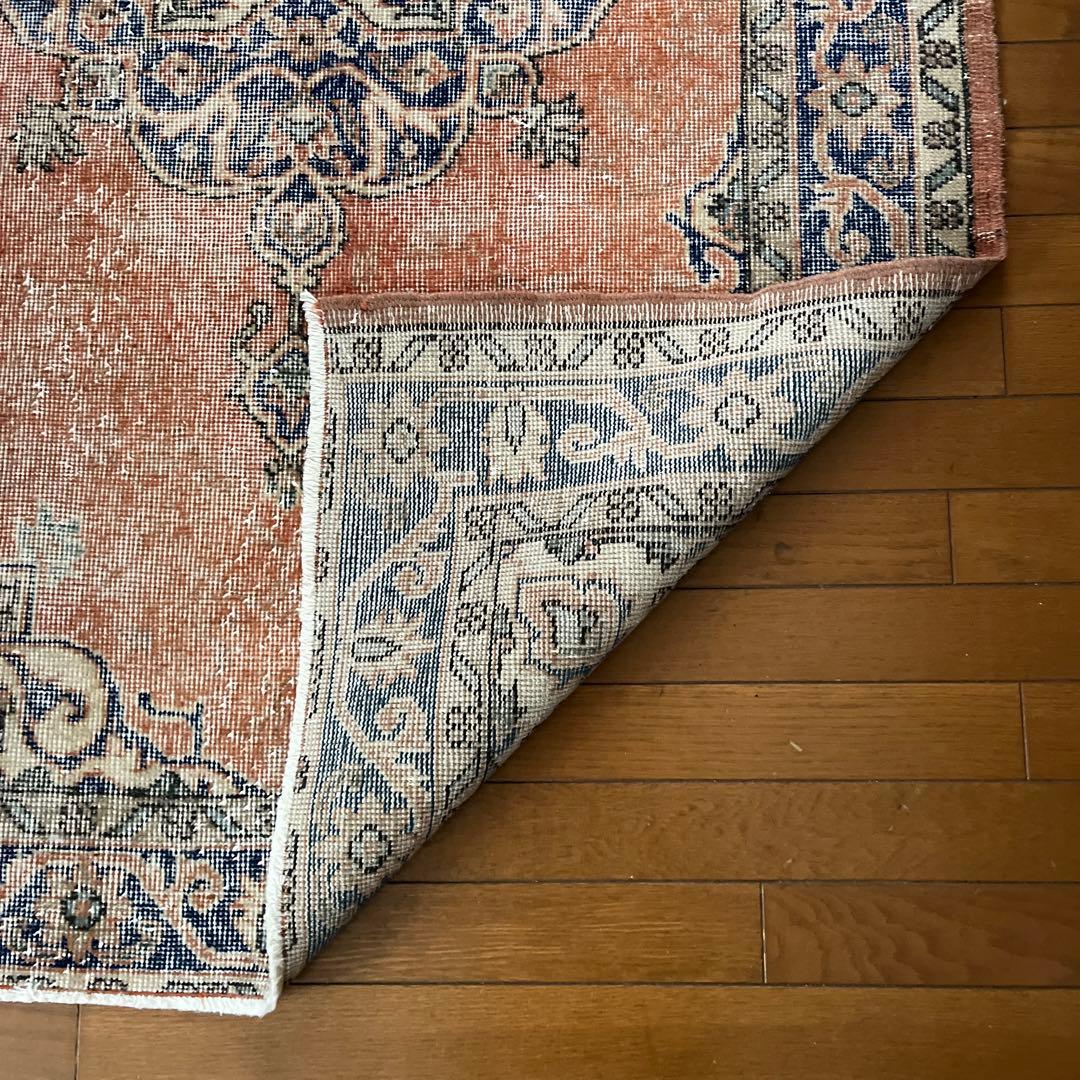 伝統ネイビー118×197シャビーオレンジ　メダリオン　トルコヴィンテージラグ