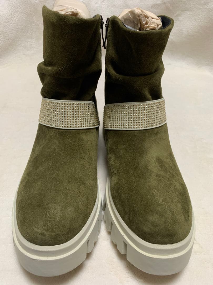 新品 bussola 撥水 山羊革 ラインストーンベルト ギャザー厚底ブーツ①