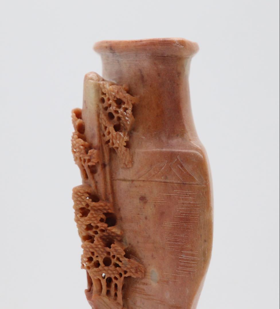 中国　寿山石　花瓶　浮き彫り山水楼閣　送料込み250510