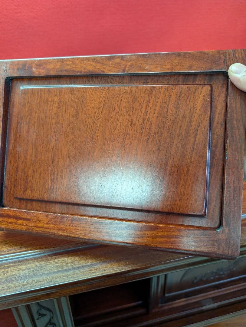 唐木 無垢材 高級 茶棚 花梨 茶箪笥 違い棚 総花梨 飾り棚 竹柄 花鳥彫刻