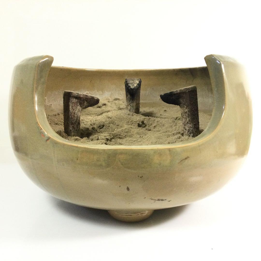 土風炉 火鉢 五徳付 焼物 灰付 茶道具 L285