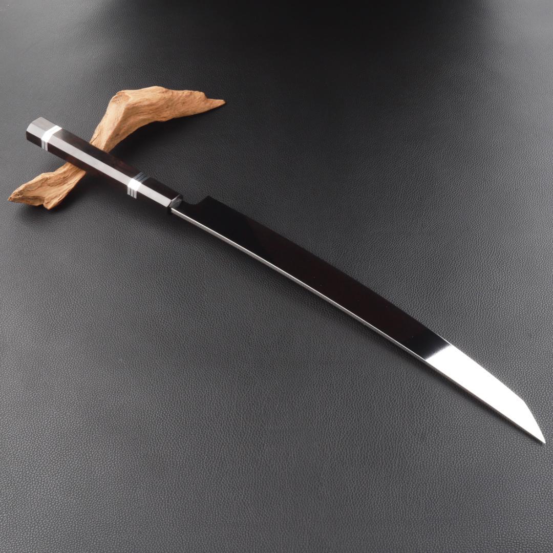 11071鬼反り先丸包丁尺二鏡面仕上げ刺身包丁刃は究極の切れ味黒檀五本銀巻八角柄
