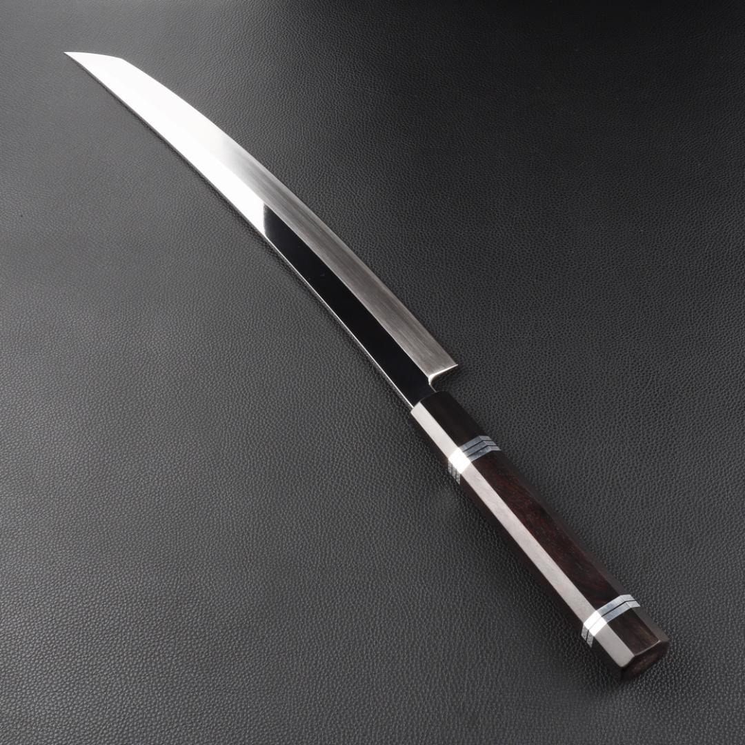 11071鬼反り先丸包丁尺二鏡面仕上げ刺身包丁刃は究極の切れ味黒檀五本銀巻八角柄