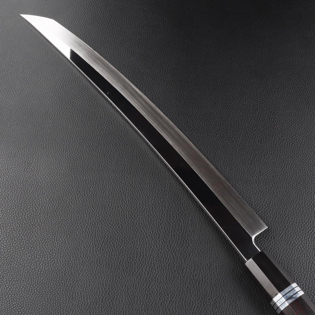 11071鬼反り先丸包丁尺二鏡面仕上げ刺身包丁刃は究極の切れ味黒檀五本銀巻八角柄