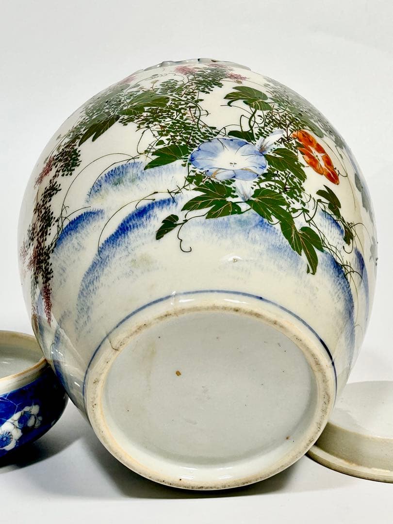 明治期 瀬戸焼 染錦朝顔文沈香壺 飾壺 瀬戸