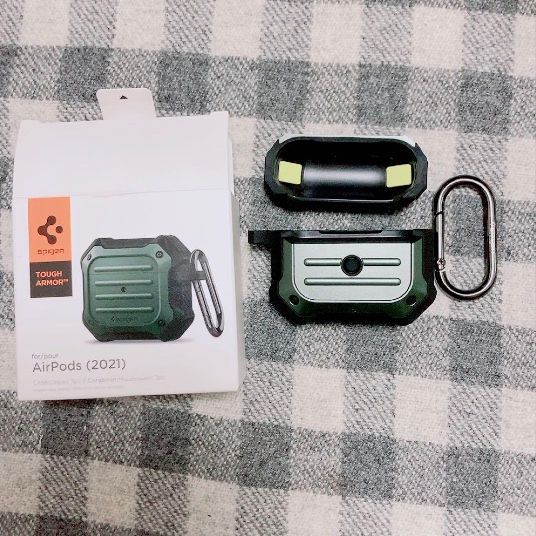 Airpods 3ケース ワイヤレス充電 対応 カラビナ付　ミリタリー・グリーン