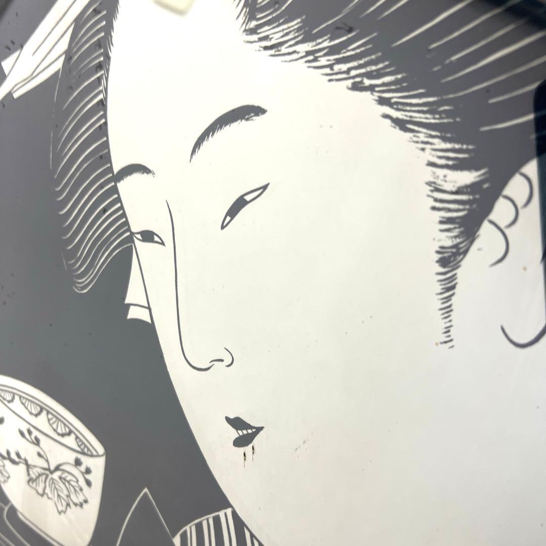 喜多川歌麿 パブミラー 浮世絵 女性と茶碗 金属製フレーム 鏡 壁掛け