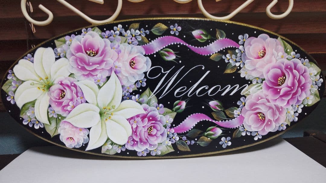 キティママページ　ウェルカムボード　トールペイント　バラ