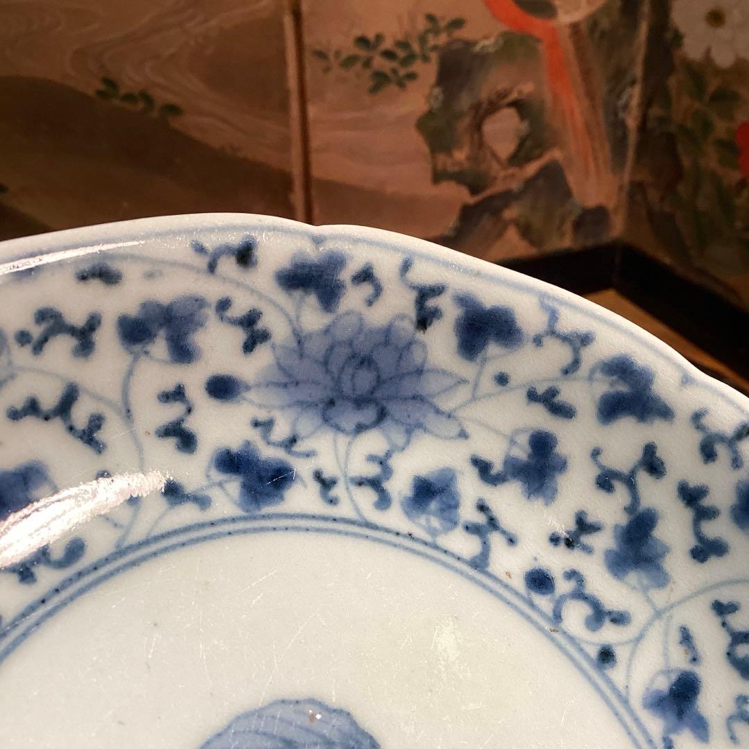 A995❶古伊万里　染付（柿右衛門）花唐草　見込栗紋様　輪花型　膾皿　1枚