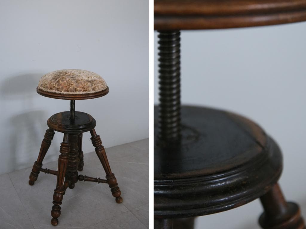 フランスアンティーク古木ピアノスツール/木製チェア/演奏用回転イス(92-78)