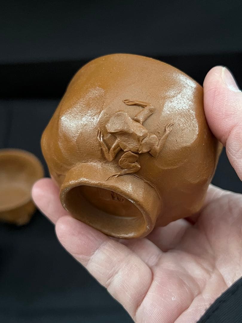 田島万古焼　勝三窯　田嶋勝三　手捻り　蛙と梅　茶道具　湯呑　茶器　陶芸