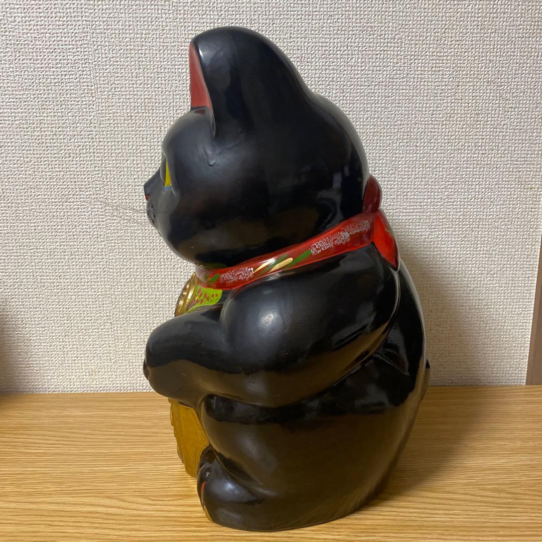 【特大】黒招き猫　開運黒手長小判猫（右手）10号　高さ35cm 黒猫　貯金箱