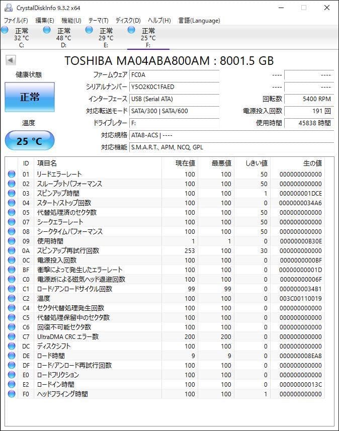 MARSHAL HDD MAL38000SA-T54 8TB　中古品