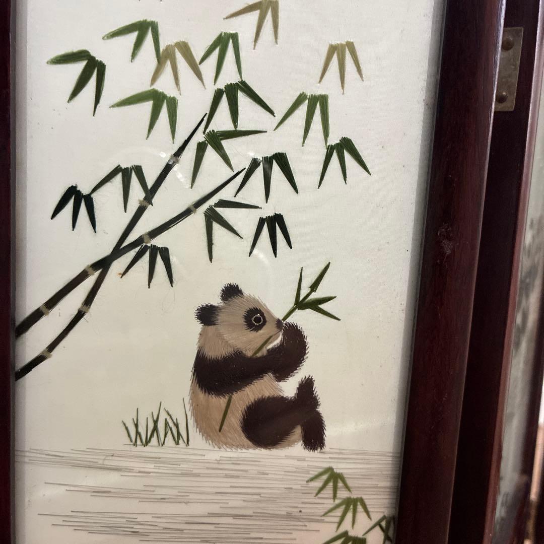 パンダの木製屏風 4つ折り　パンダ　中国製　刺繍