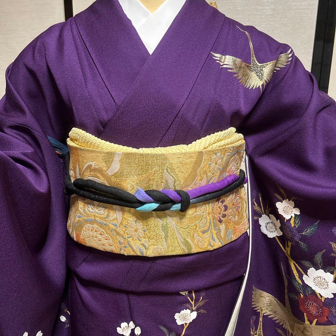 中古美品紫色の鶴と花の金彩友禅中振袖 と袋帯　長襦袢の3点セット