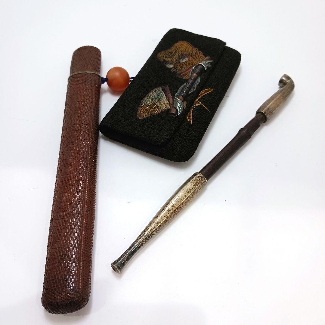 専用 Y2978-6 時代物 象嵌銀金具 煙管筒 煙草入 キセル筒