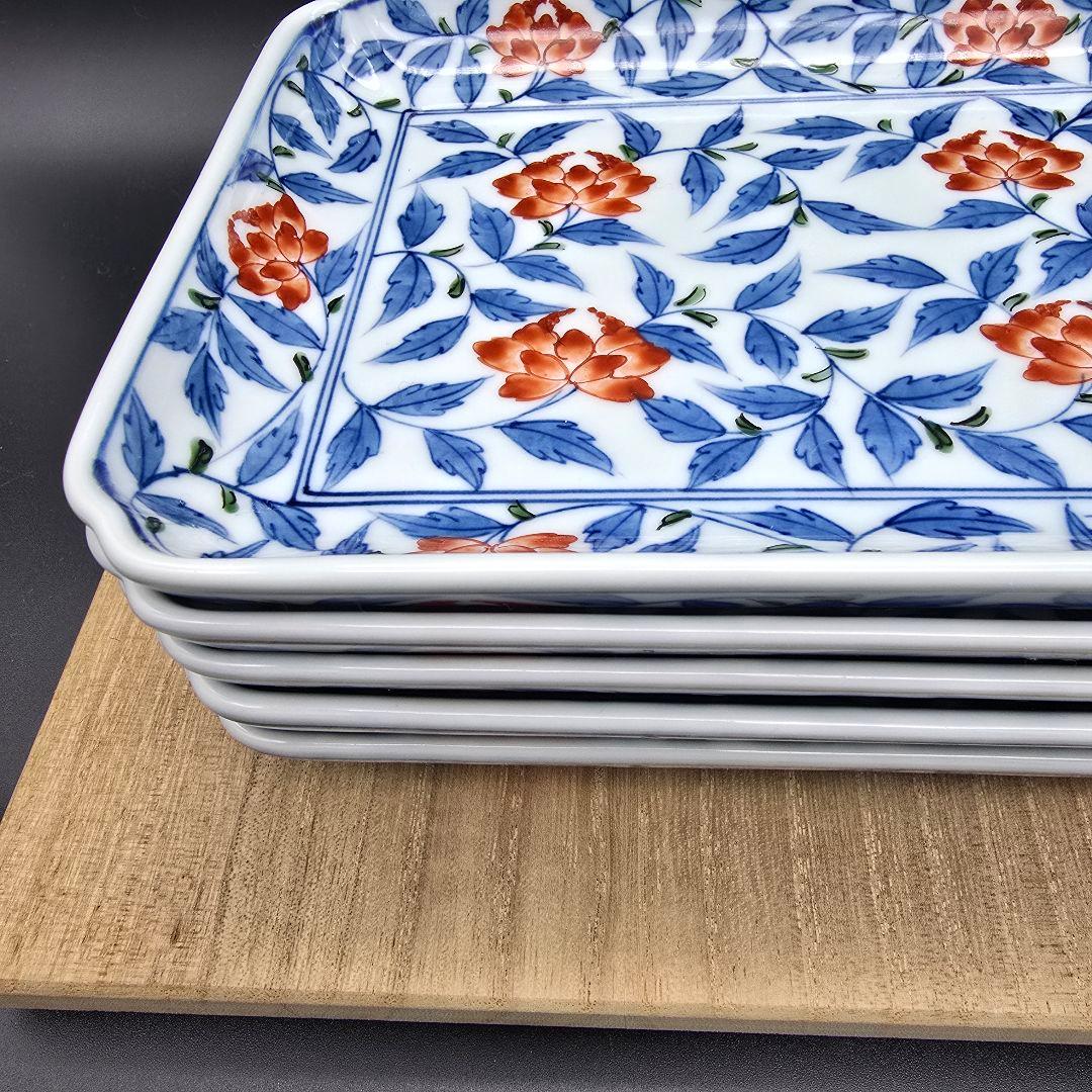 【美品】源右衛門窯 染錦花唐草　角皿 銘々皿 5枚組