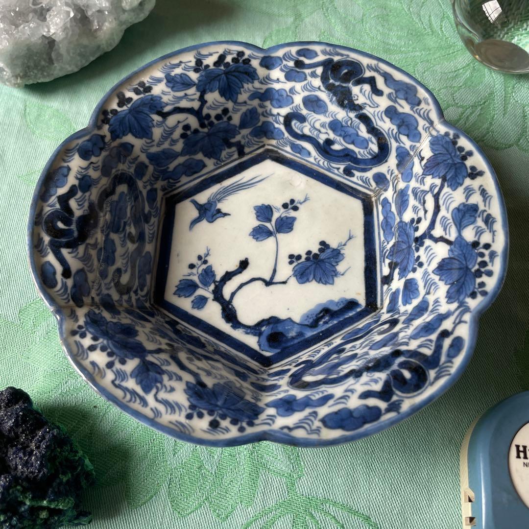 古伊万里　染付　桐　鳳凰　龍　変形皿　2客