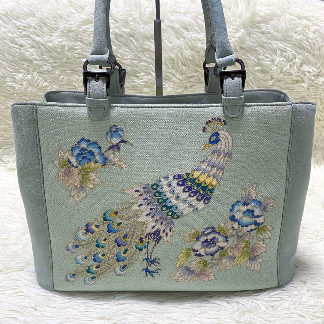 未使用品　OKAJIMA 和装バッグ 逸品 孔雀 草花 金彩 縮緬 正絹