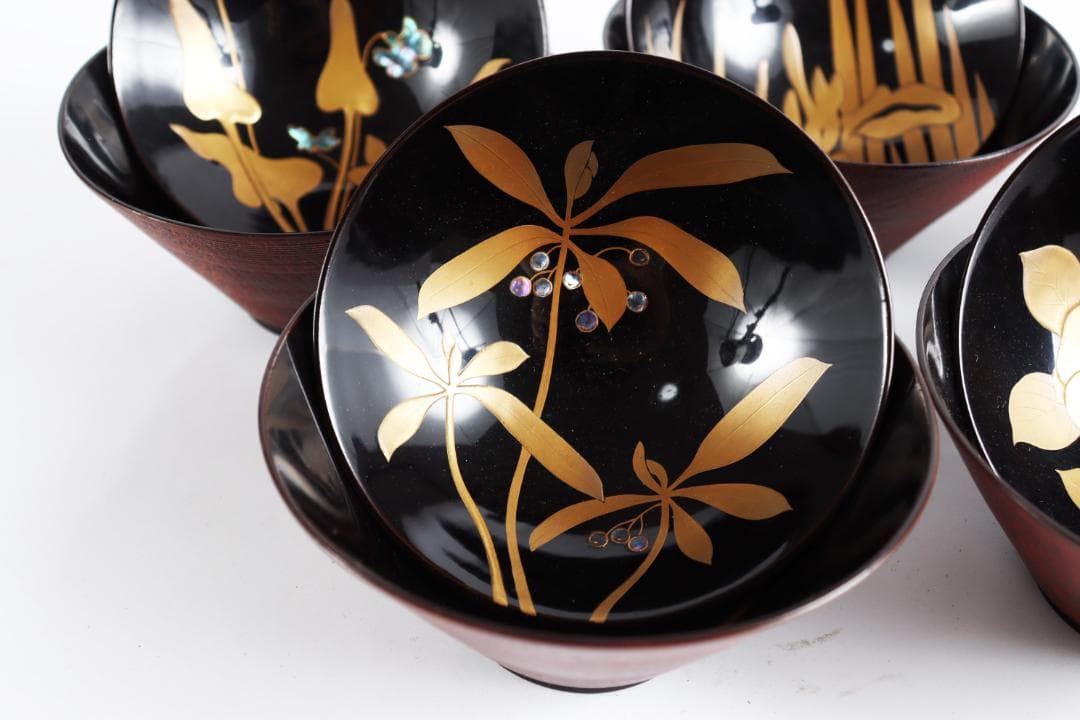 糸目 内梨地 螺鈿 花 図替 吸物椀 五客 蒔絵椀 懐石道具③