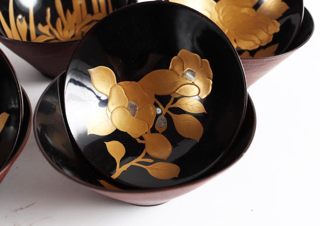糸目 内梨地 螺鈿 花 図替 吸物椀 五客 蒔絵椀 懐石道具③