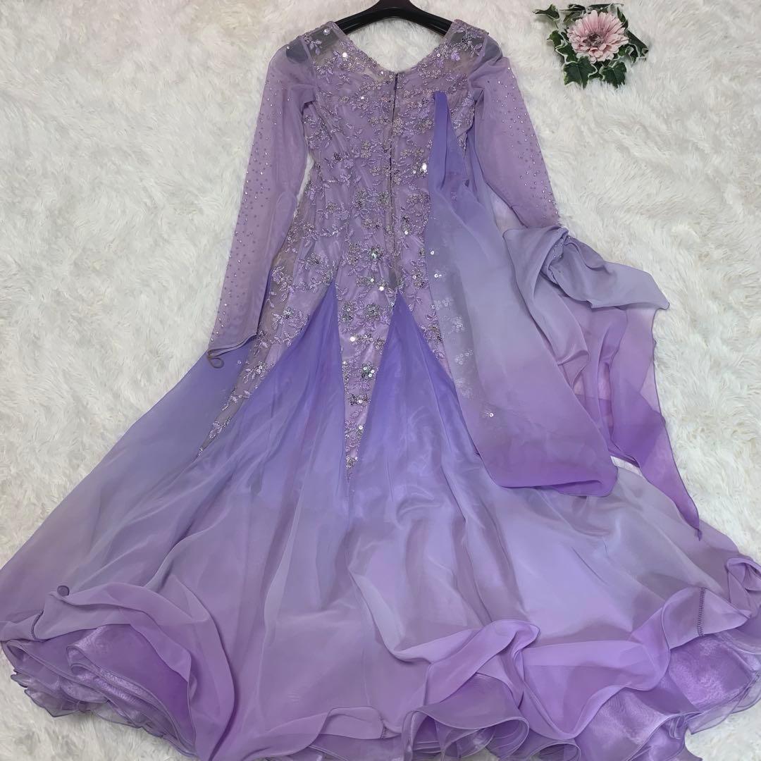 【豪華装飾/パープル◆社交ダンスドレス】M相当 ビジュー 競技 デモ 衣装