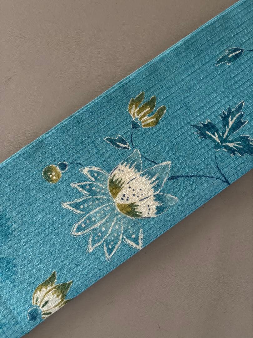 二葉苑 コバルトブルー 変わり織 紬地 正絹 九寸名古屋帯 極美品