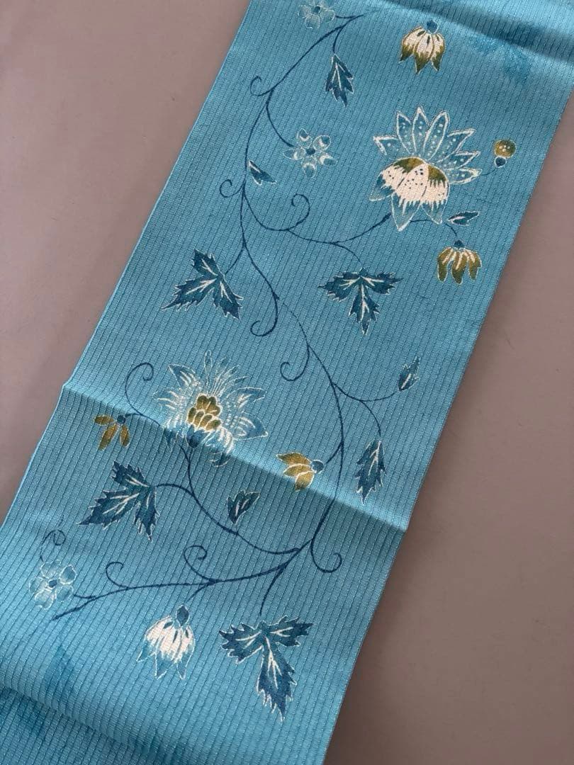 二葉苑 コバルトブルー 変わり織 紬地 正絹 九寸名古屋帯 極美品