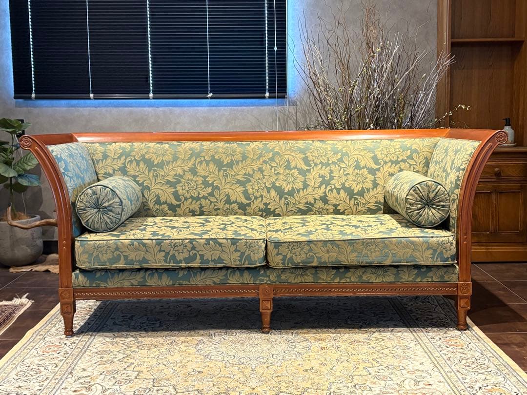 ① クラシック 3人掛けソファ 3Pソファ 花柄 グリーン ビンテージ nY