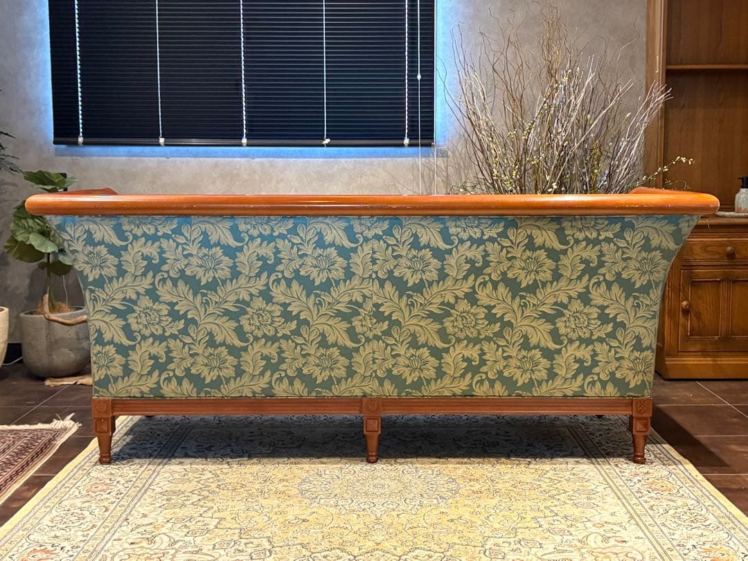 ① クラシック 3人掛けソファ 3Pソファ 花柄 グリーン ビンテージ nY