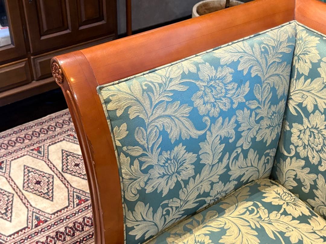 ① クラシック 3人掛けソファ 3Pソファ 花柄 グリーン ビンテージ nY