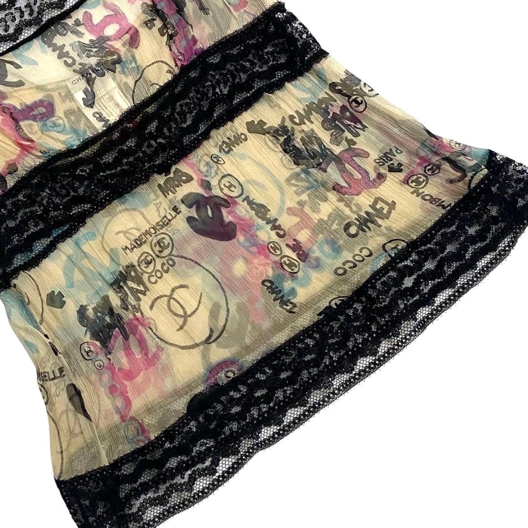 希少★シャネル 07C シルク100%キャミソール ココマーク プリント レース