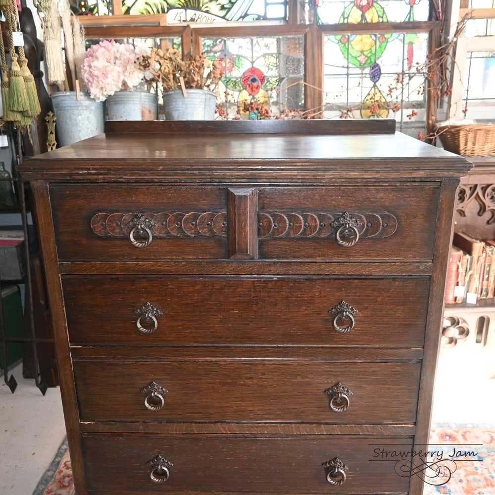 L3710-97 英国アンティーク オーク チェスト 5段 引き出し 収納 什器