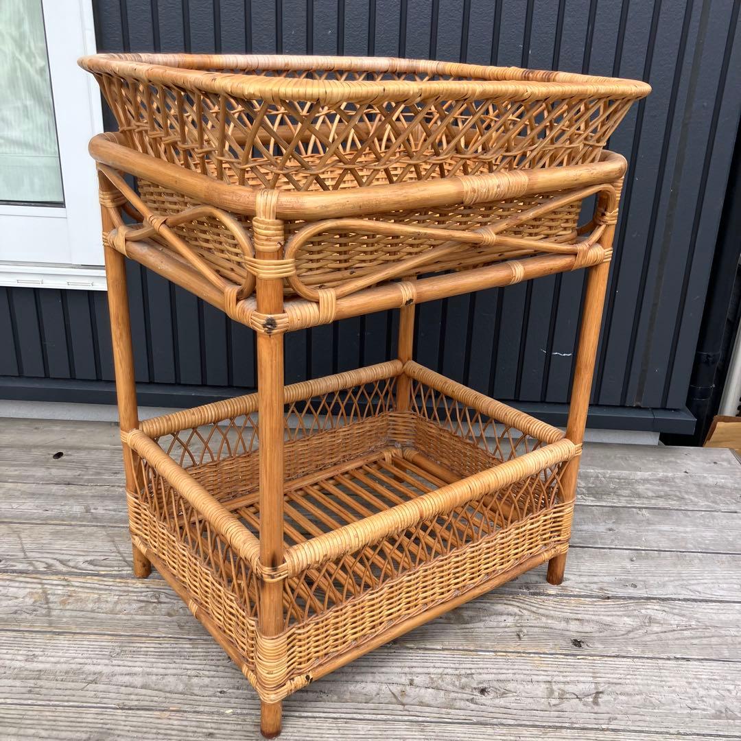 昭和レトロ 古家具 ラタンランドリーラック 2段 脱衣かご 衣類収納 アジアン