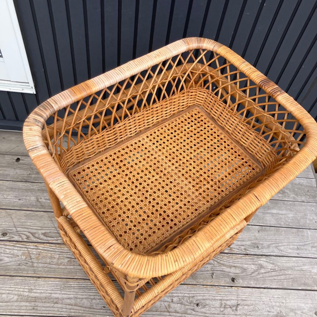 昭和レトロ 古家具 ラタンランドリーラック 2段 脱衣かご 衣類収納 アジアン