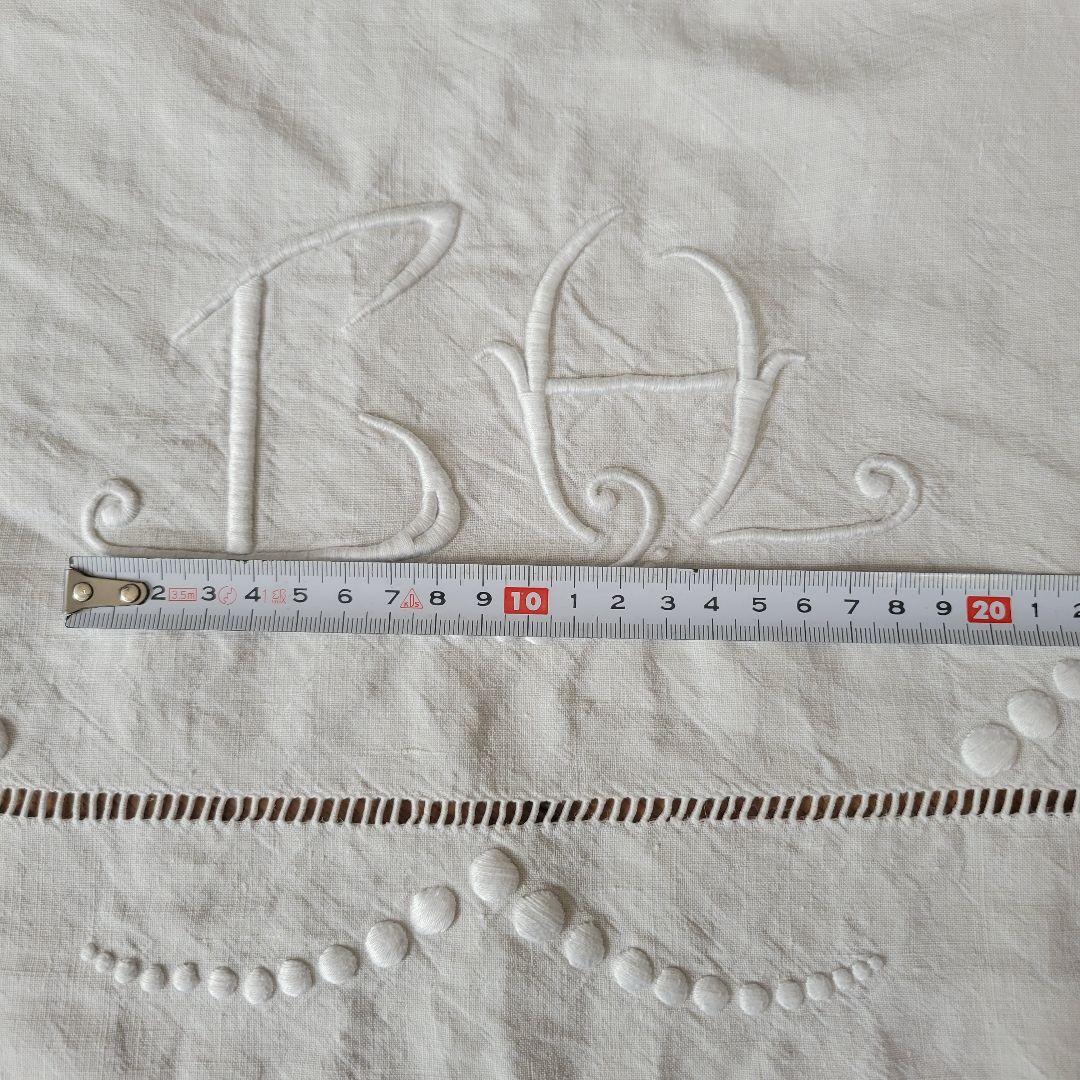 フランス　アンティーク　シーツ　リネン　モノグラムとドット