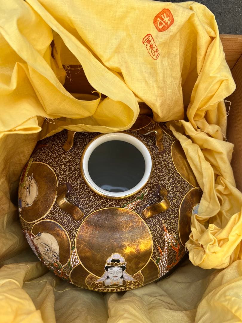 時代　珍品　薩摩焼　福神図飾壺　時代物　薩摩　壺　花器　花瓶　床置き