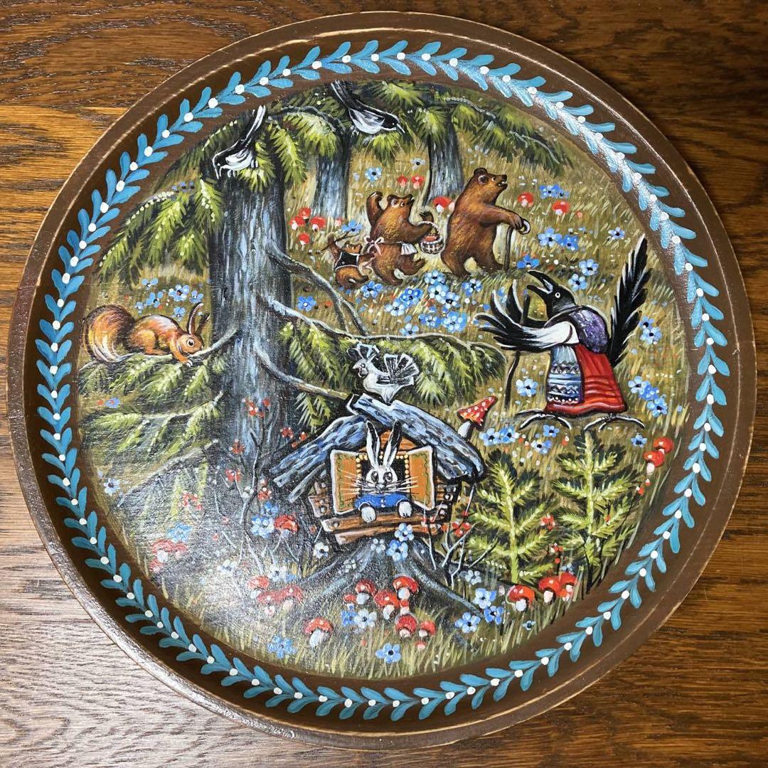 ロシア雑貨☆ロシア民話『３匹のクマ&白腹カササギ』木製飾り皿 マトリョーシカ