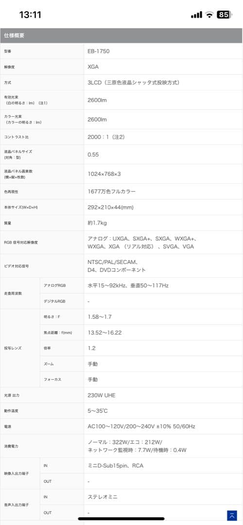 EPSON EB-1750 プロジェクター本体　epson offirio