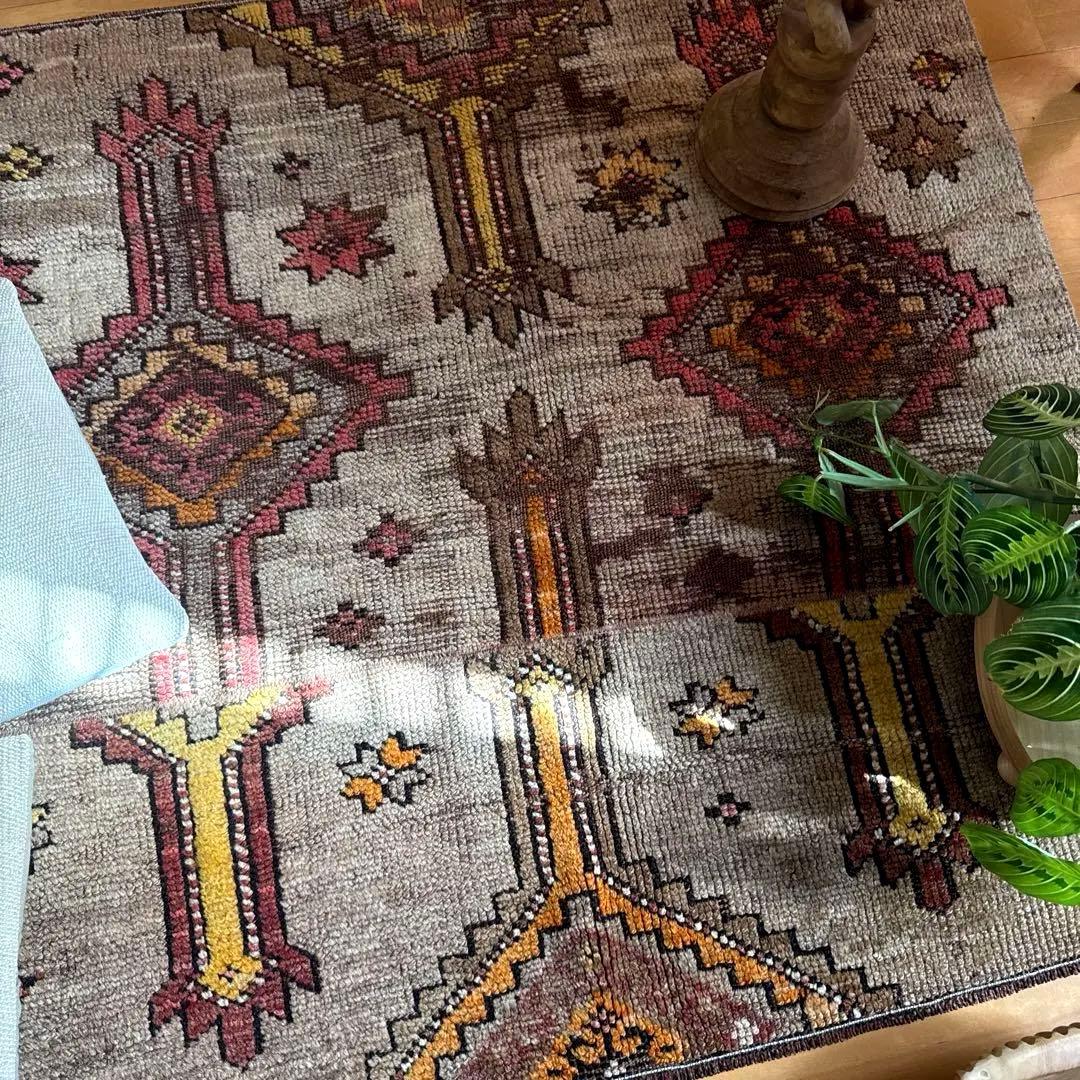 レア93×97 正方形サイズ　ウール　ブラウン　トルコヴィンテージラグ