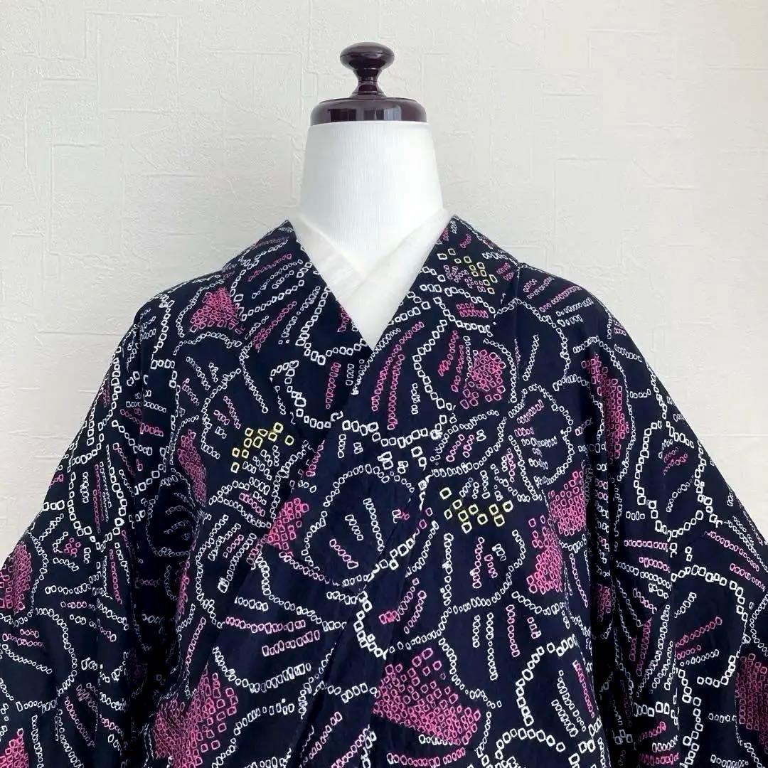 パゴス 有松鳴海絞り浴衣　黒地に大輪花模様　絞り浴衣　No.22