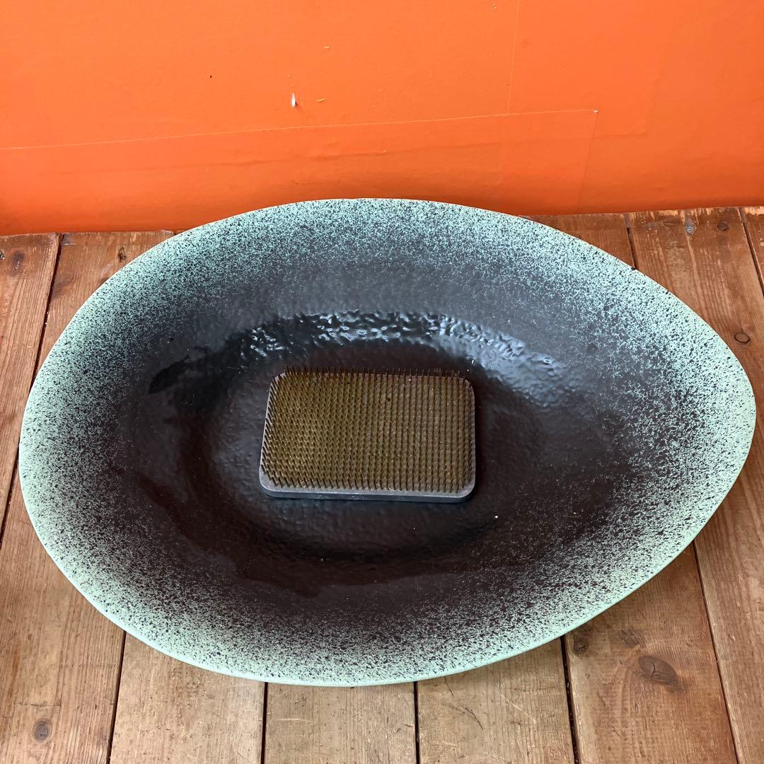 C-壁 陶器製 生け花 オーバル型 花器 水盤 剣山 フラワーベース 花瓶モダン