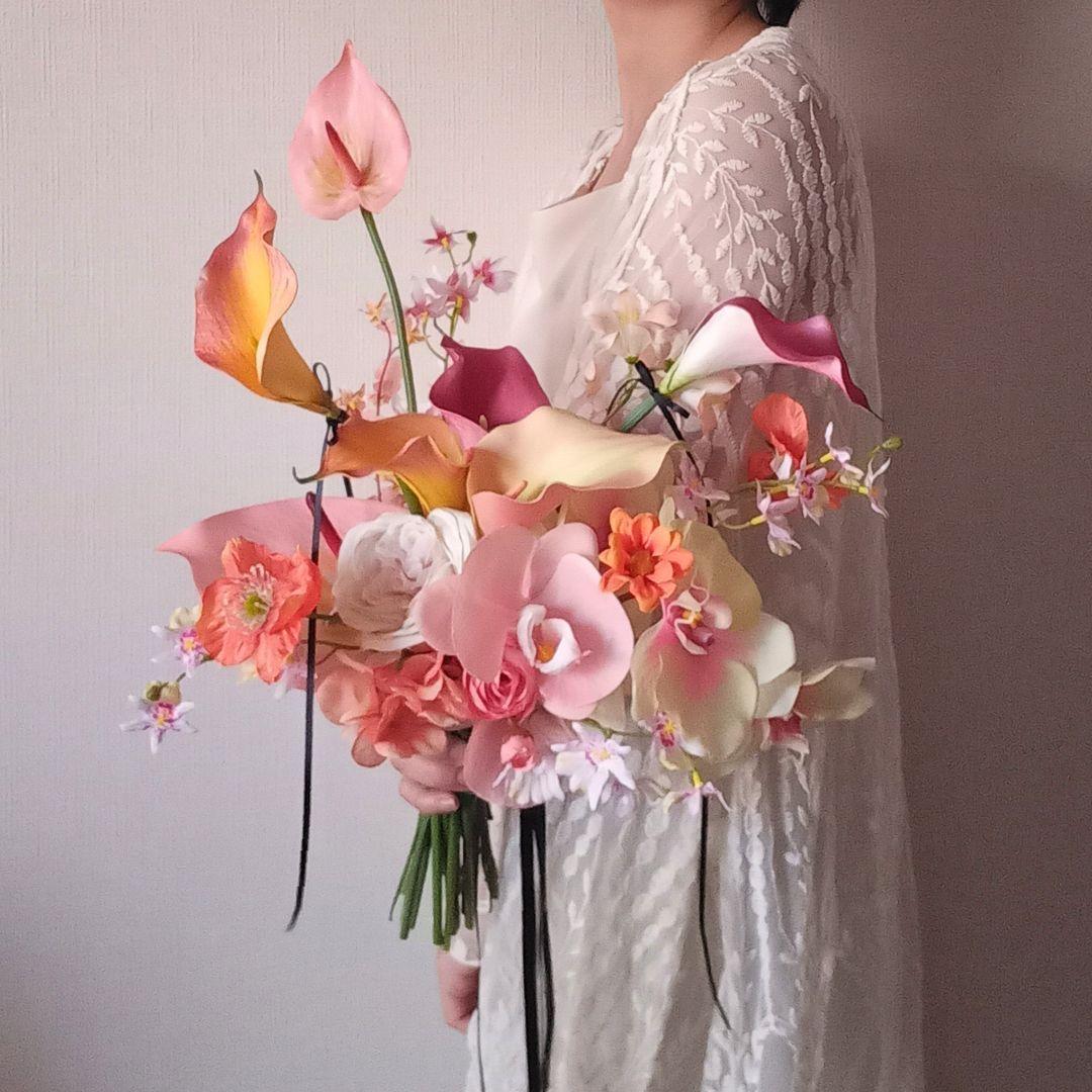 ピンク　オレンジ　イエロー　胡蝶蘭　カラー　アンスリウム　ウェディングブーケ造花