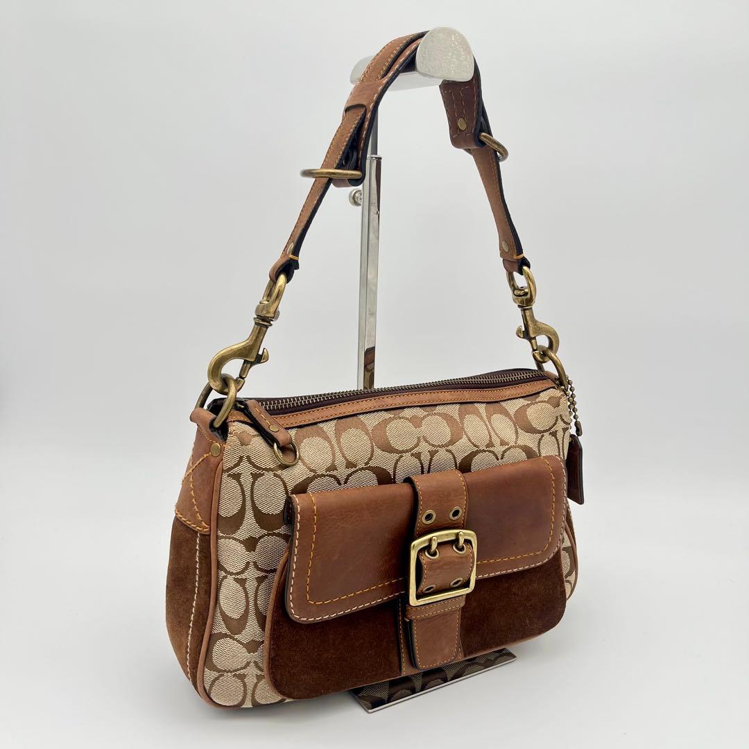 極美品 コーチ ソーホー 2way ショルダーバッグ シグネチャー スエード 茶