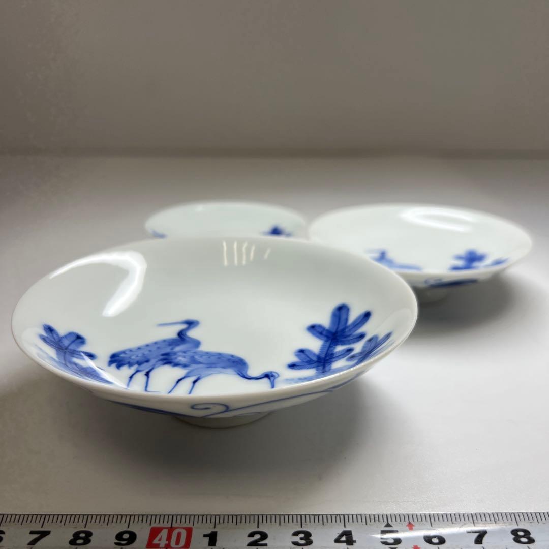 時代　深川製　染付三ツ盃　木箱付　直径11.6/9.6/7.9㎝