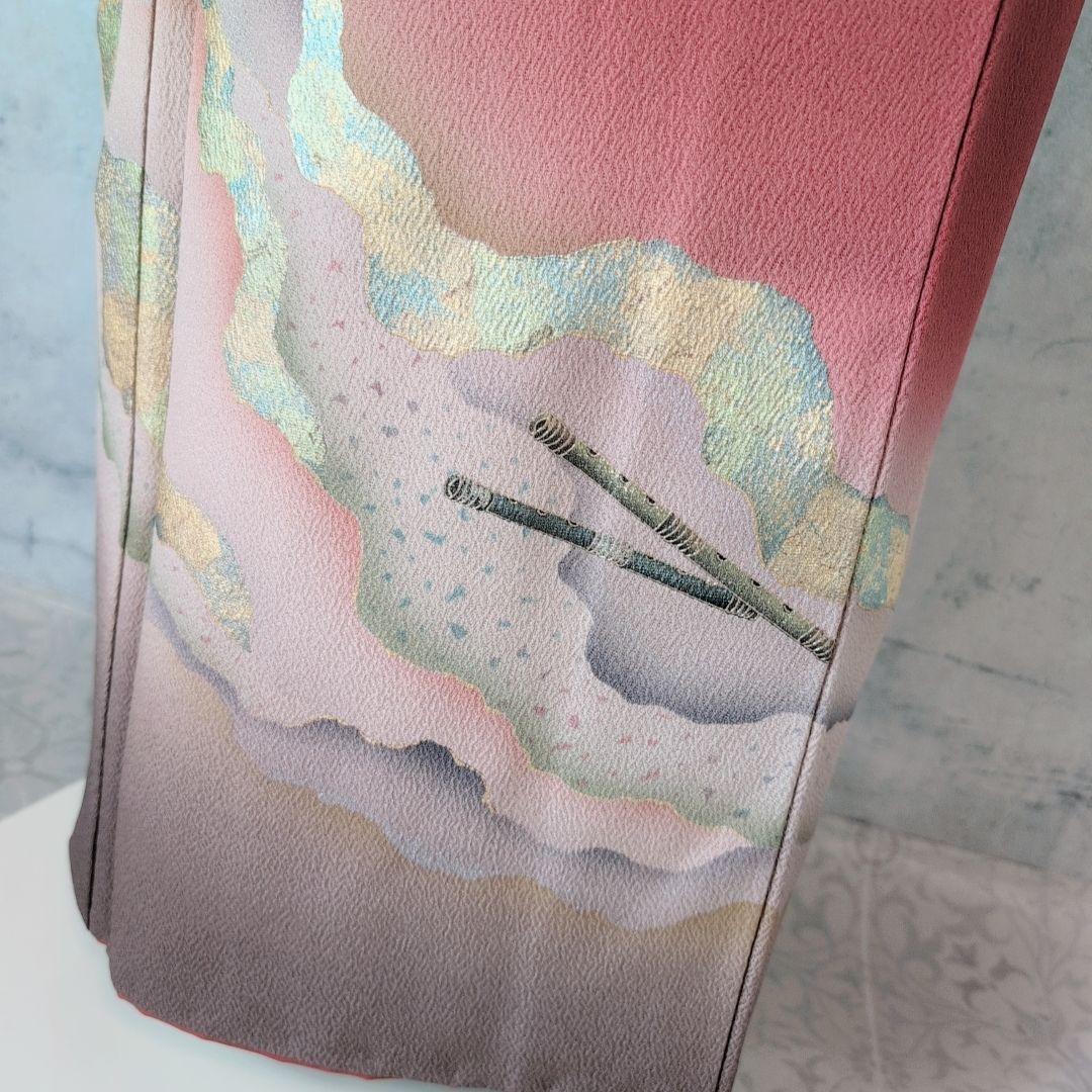 訪問着　フルセット　着物　正絹　赤　金　楽器　笛　バチ衿　O5