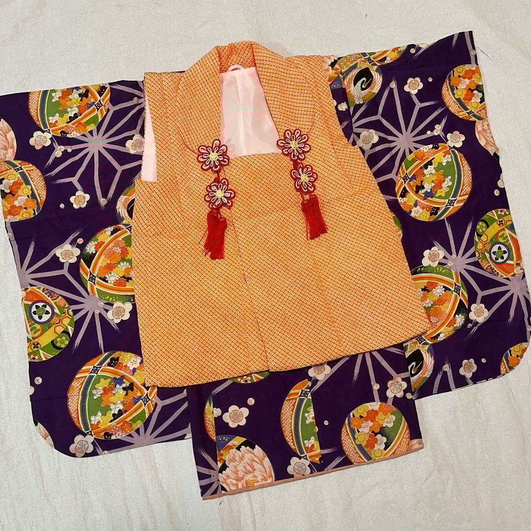 七五三　3歳　被布　着物　紫　かのこ　レトロ　アンティーク