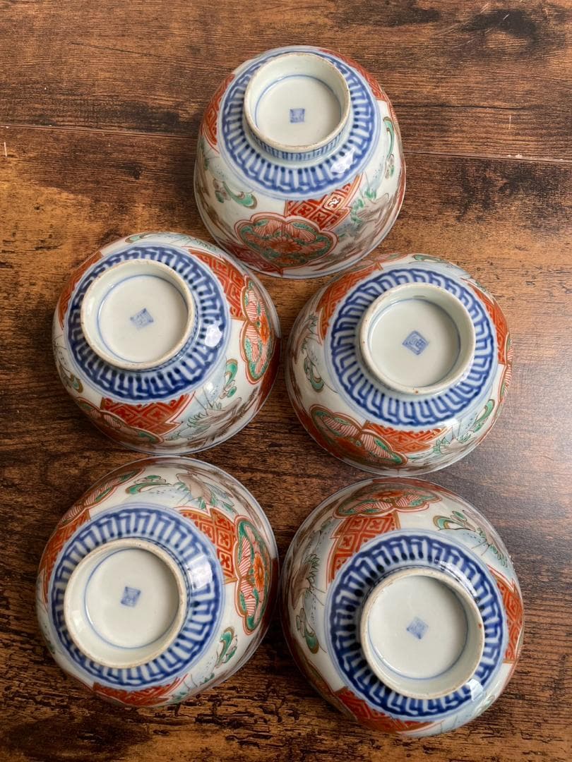 ①古伊万里 金襴手鶴華図茶碗 蓋物 五客 吸物碗/飯碗/お碗/蓋付/40