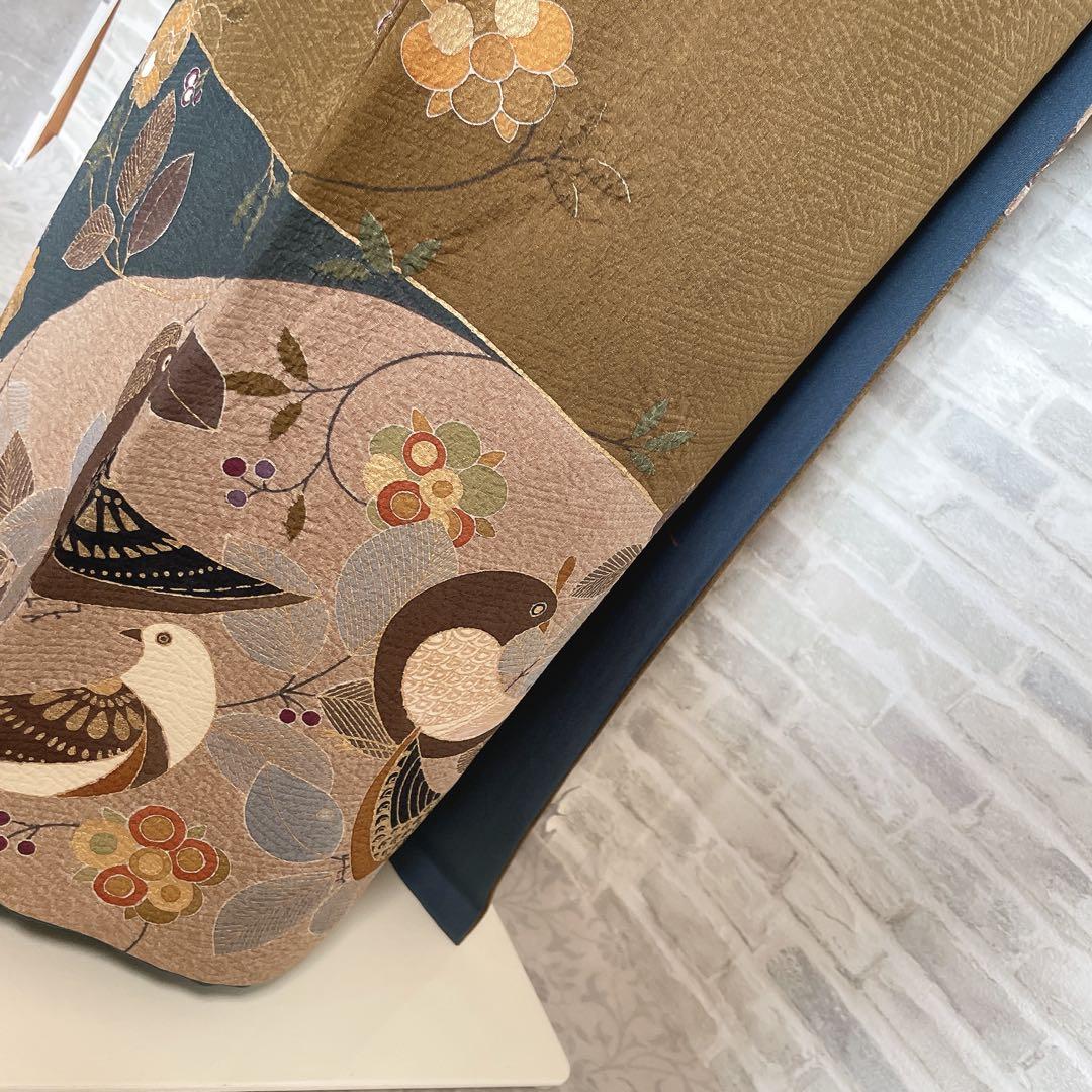 訪問着　フルセット　鳥　猫　鼠　旬　落款　可愛らしい　金駒刺繍　Q4